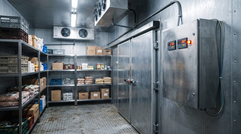 Controlador de refrigeração industrial em supermercado exibindo alerta de temperatura, ilustrando riscos de ataques cibernéticos em sistemas de automação